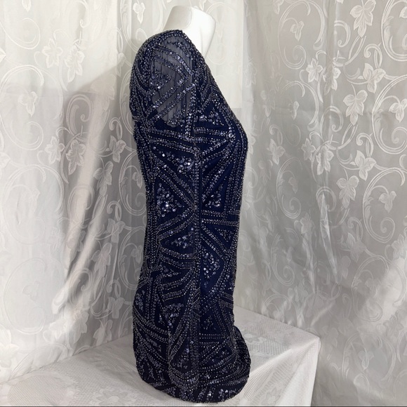 Aidan Mottox Navy Bejewelled Rayon Boatneck Dress - Picture 8 of 10